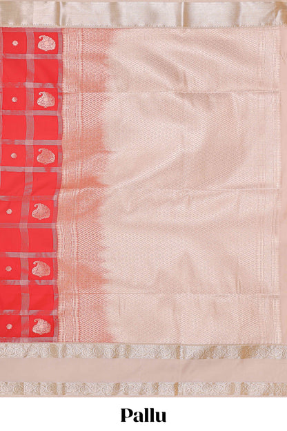 Red checked zari butta semi soft silk saree with contrast border and pallu