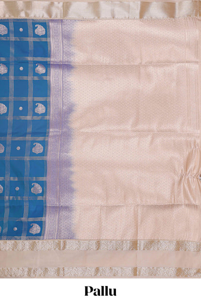 Blue checked zari butta semi soft silk saree with contrast border and pallu