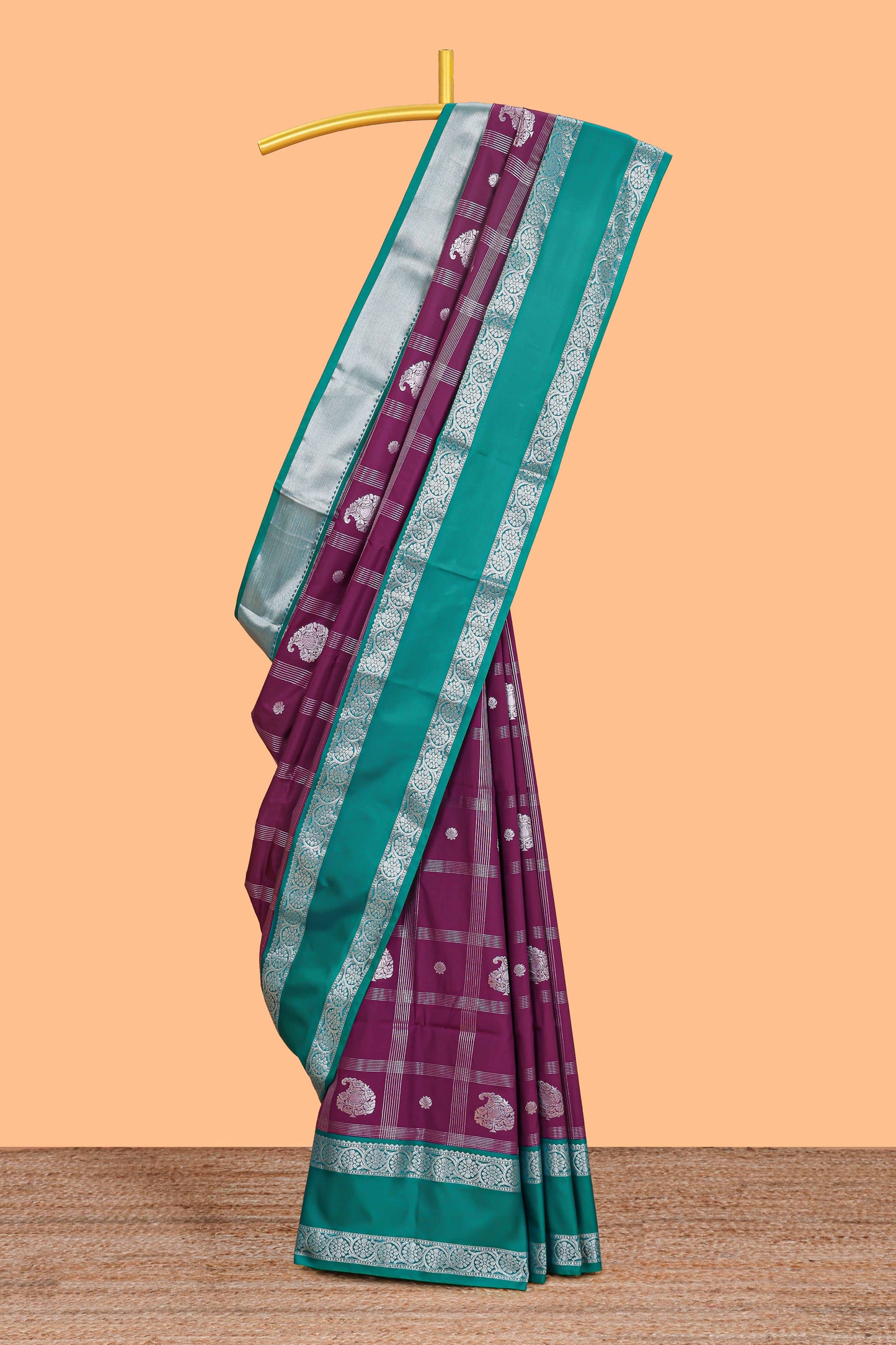 Purple checked zari butta semi soft silk saree with contrast border and pallu