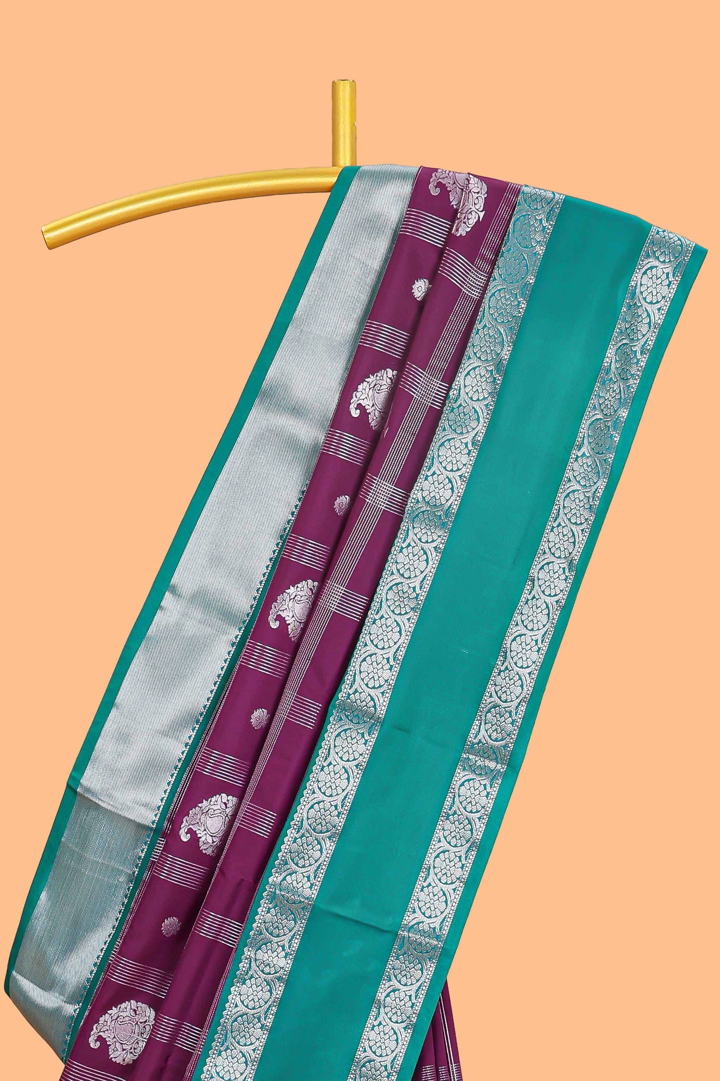 Purple checked zari butta semi soft silk saree with contrast border and pallu