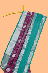 Purple checked zari butta semi soft silk saree with contrast border and pallu