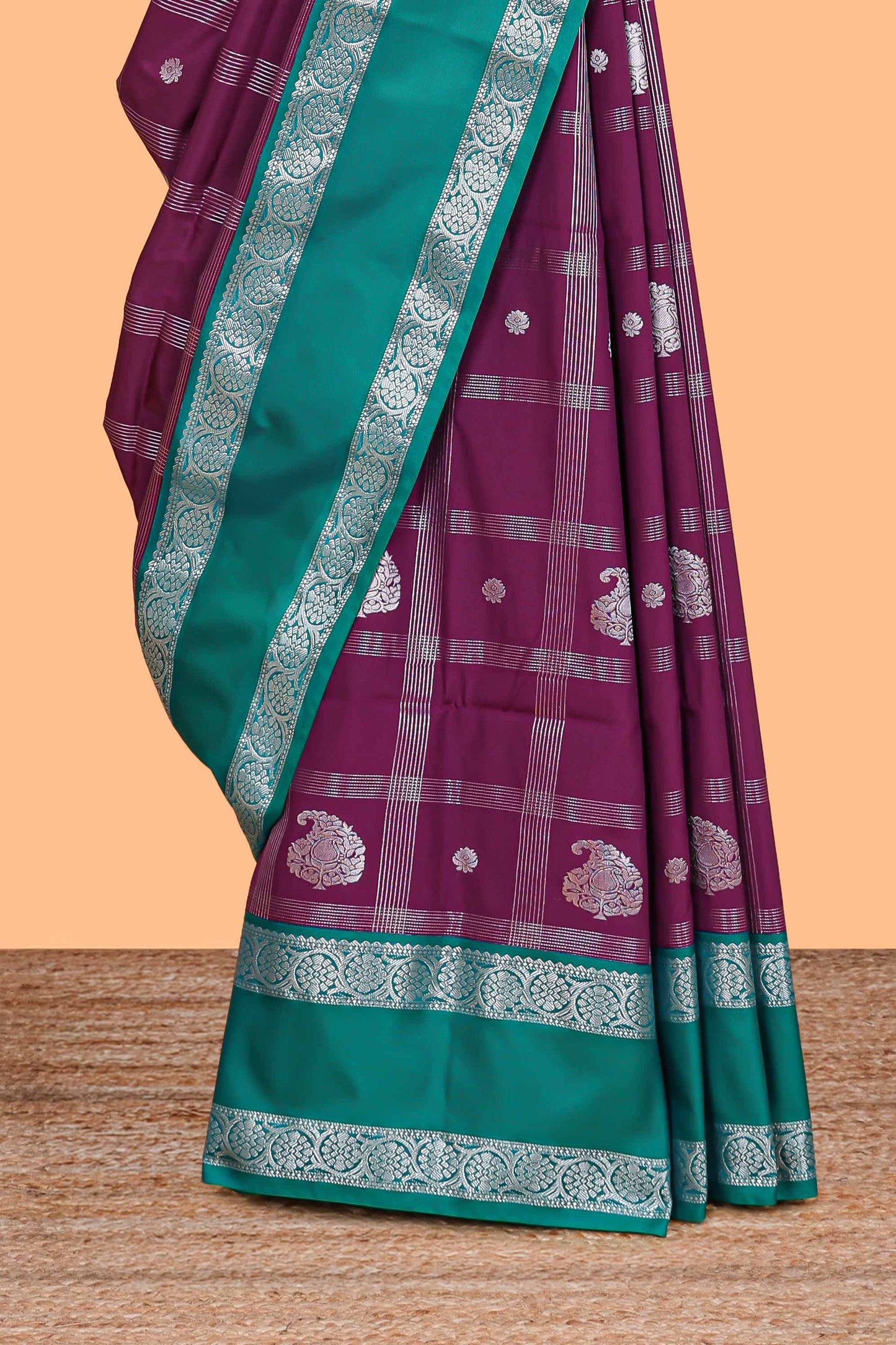 Purple checked zari butta semi soft silk saree with contrast border and pallu