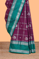 Purple checked zari butta semi soft silk saree with contrast border and pallu