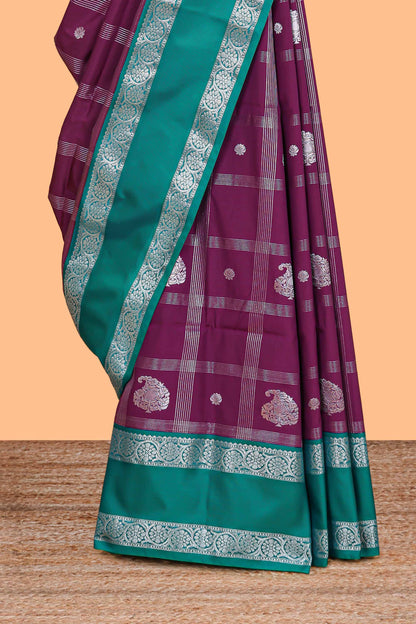 Purple checked zari butta semi soft silk saree with contrast border and pallu