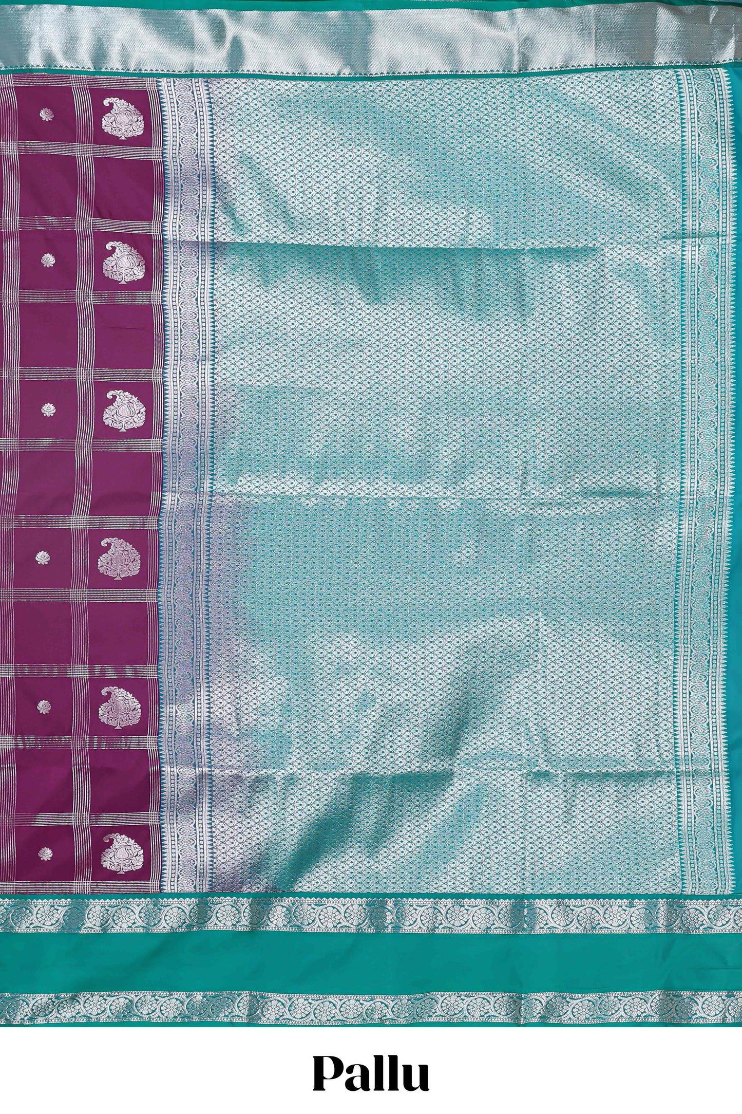 Purple checked zari butta semi soft silk saree with contrast border and pallu