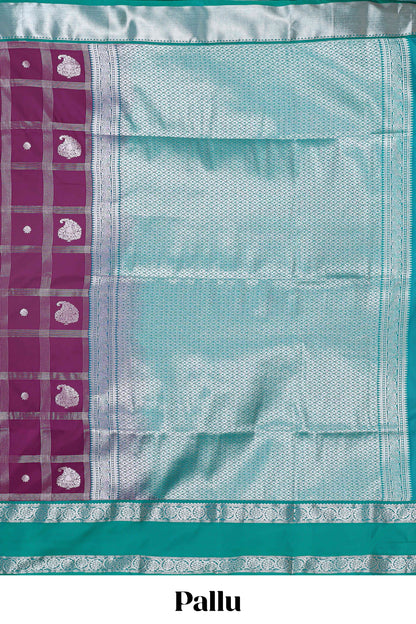 Purple checked zari butta semi soft silk saree with contrast border and pallu