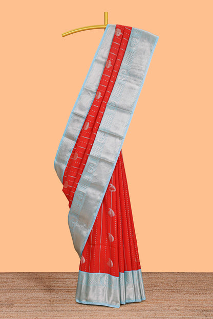 Red striped zari butta semi soft silk saree with contrast border and pallu