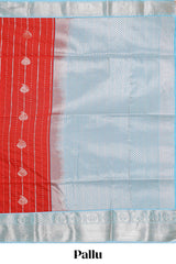 Red striped zari butta semi soft silk saree with contrast border and pallu