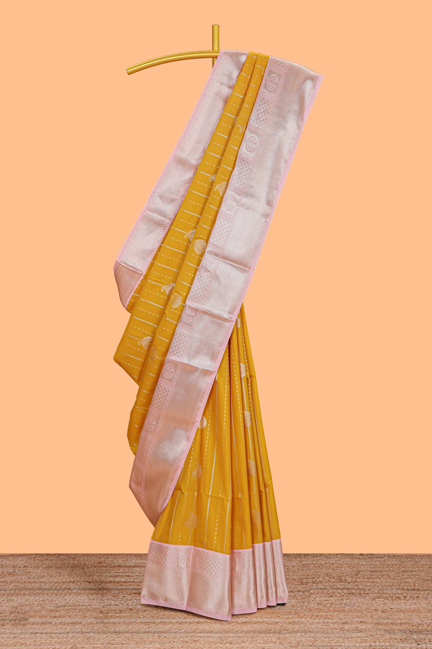 Mustard striped zari butta semi soft silk saree with contrast border and pallu