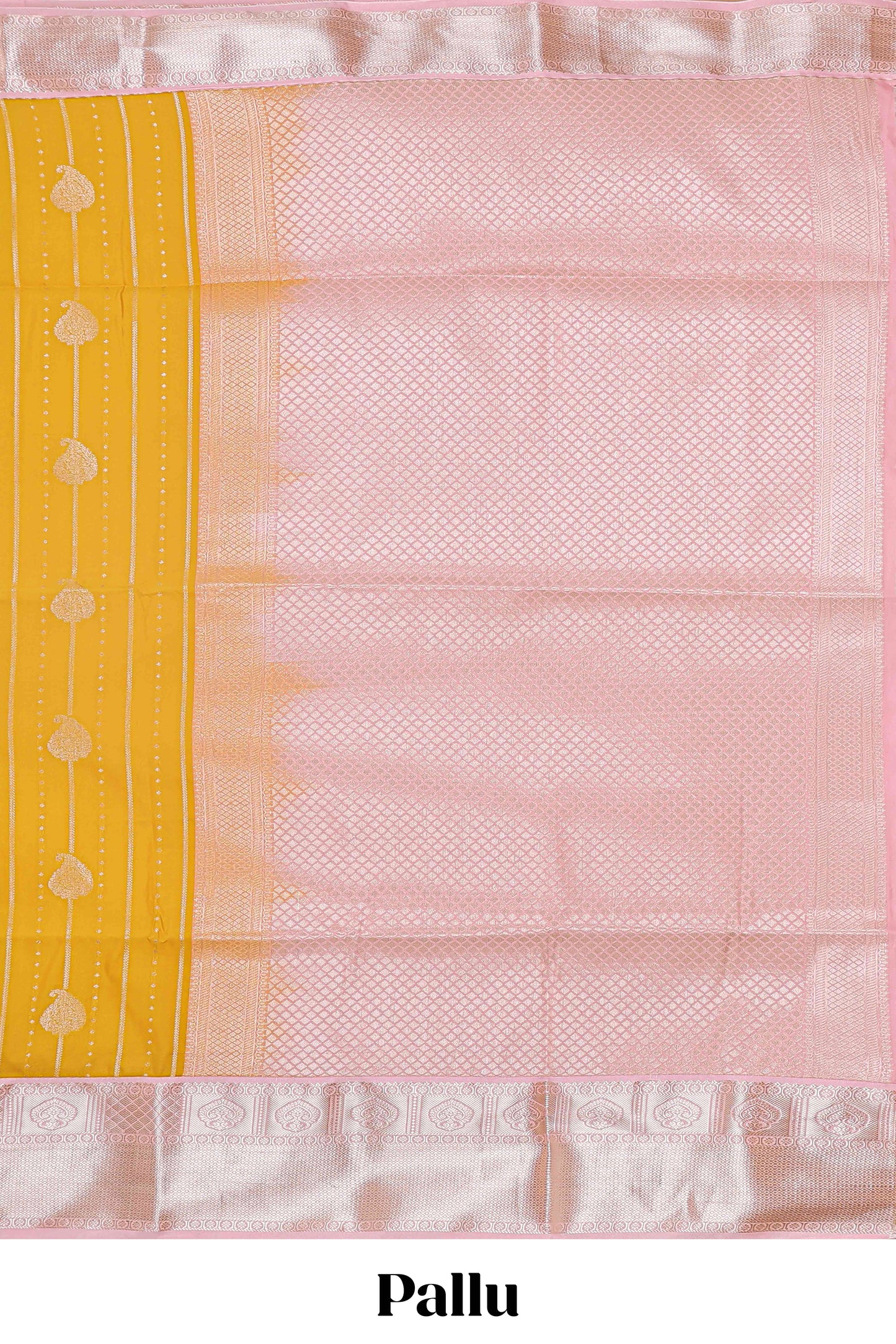 Mustard striped zari butta semi soft silk saree with contrast border and pallu