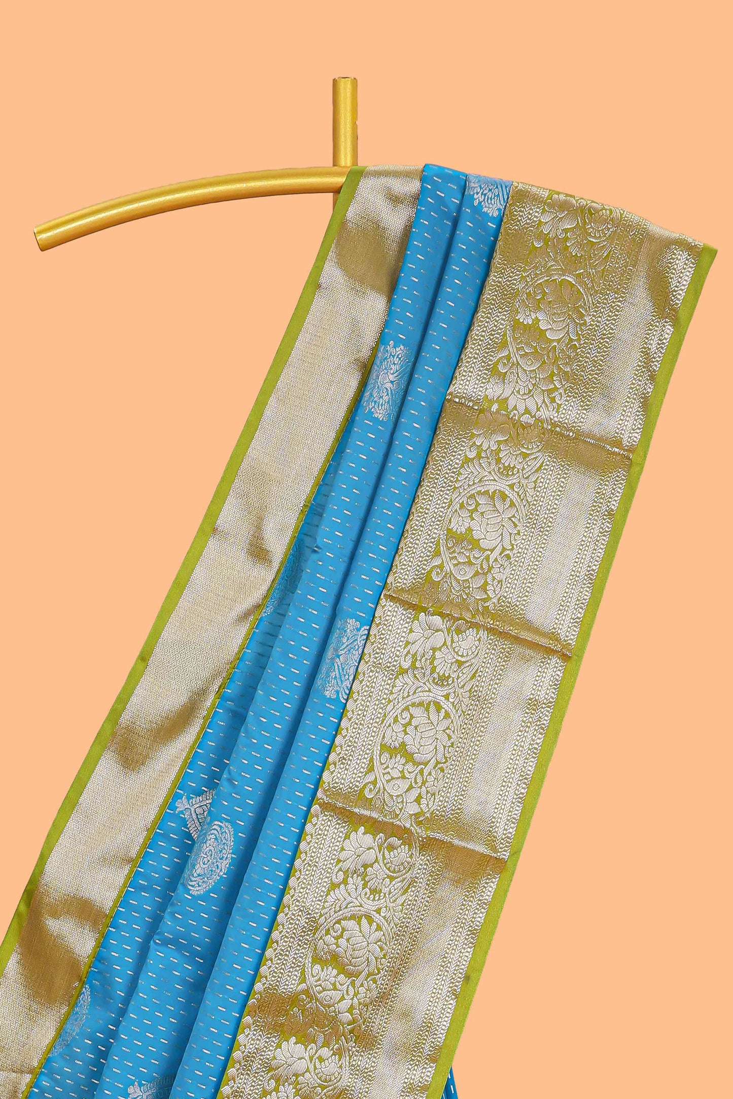 Blue zari butta design semi soft silk saree with contrast border and pallu