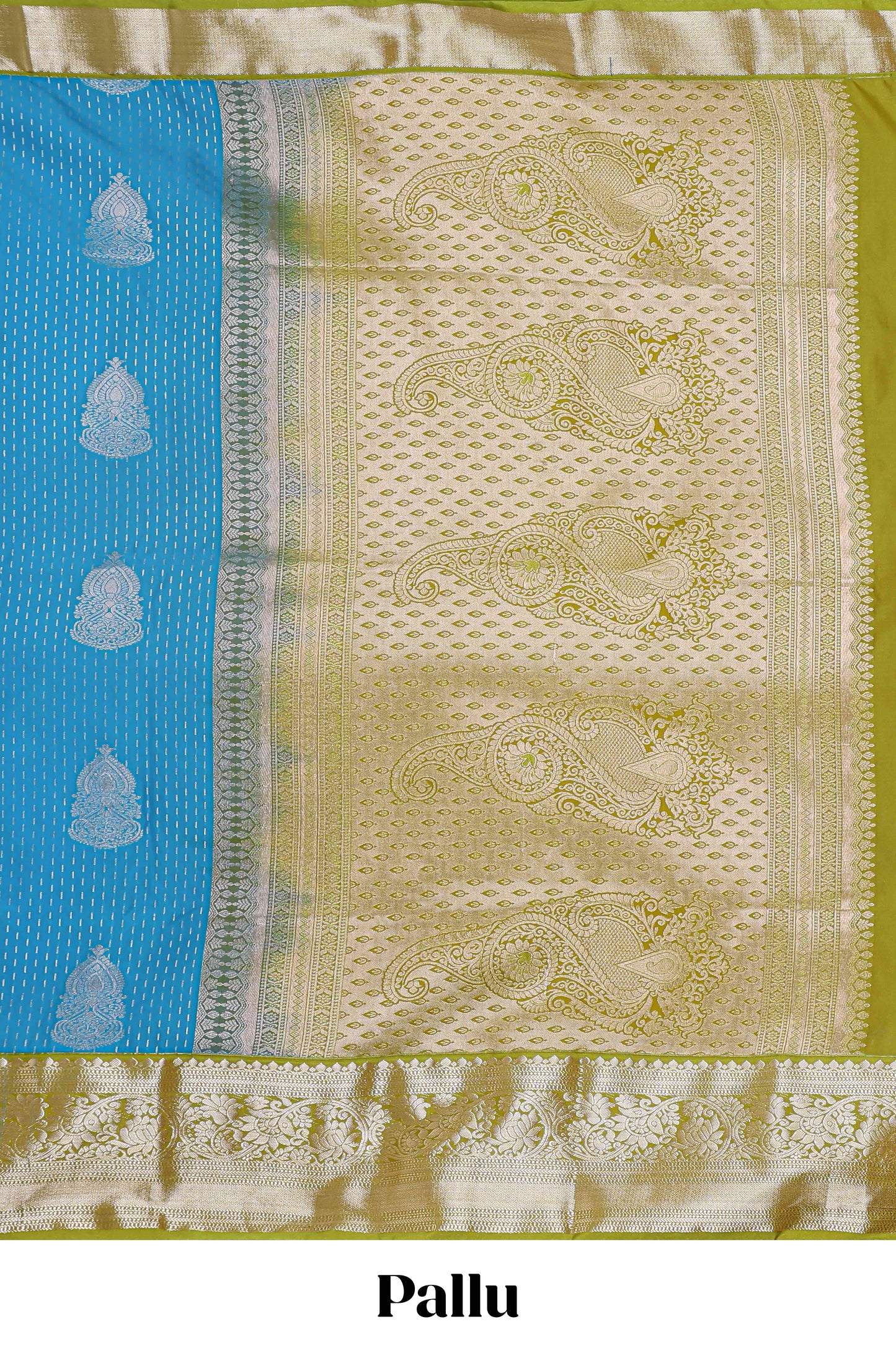 Blue zari butta design semi soft silk saree with contrast border and pallu