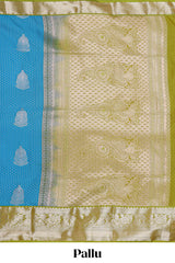 Blue zari butta design semi soft silk saree with contrast border and pallu