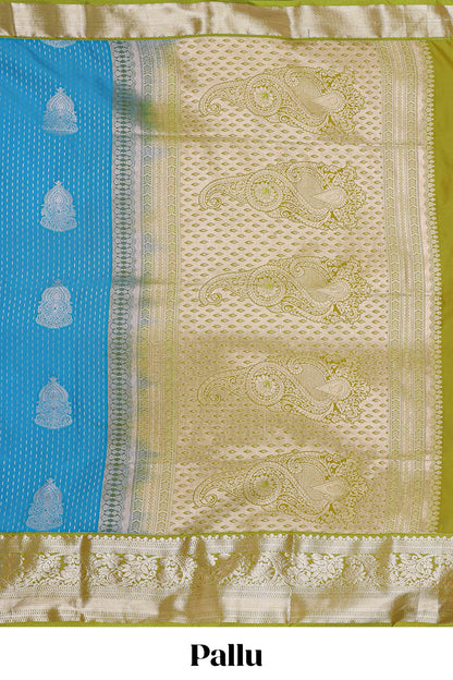 Blue zari butta design semi soft silk saree with contrast border and pallu