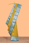 Mustard zari butta design semi soft silk saree with contrast border and pallu