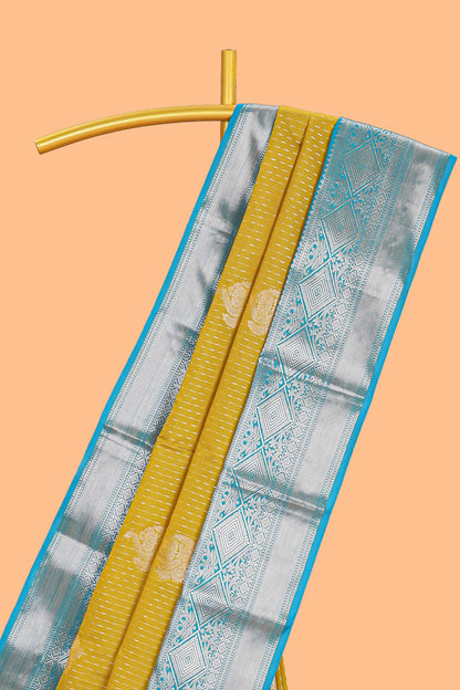 Mustard zari butta design semi soft silk saree with contrast border and pallu