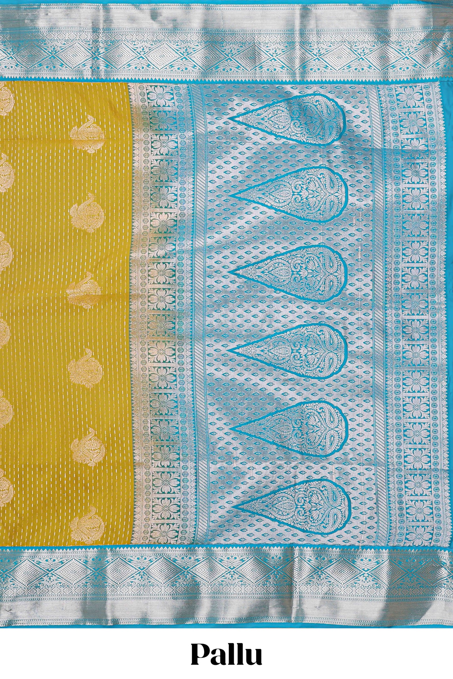 Mustard zari butta design semi soft silk saree with contrast border and pallu