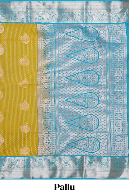 Mustard zari butta design semi soft silk saree with contrast border and pallu