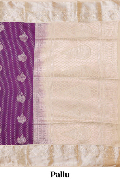 Purple zari butta design semi soft silk saree with contrast border and pallu