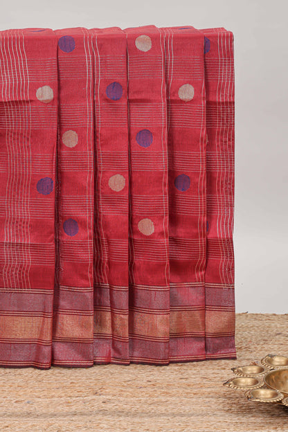 Maroon checked motifs tussar saree with contrast border and striped blouse