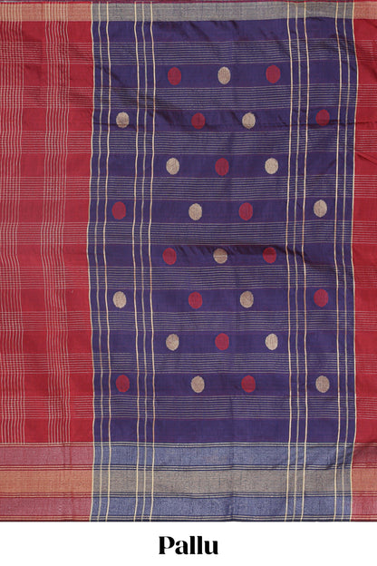 Maroon checked motifs tussar saree with contrast border and striped blouse