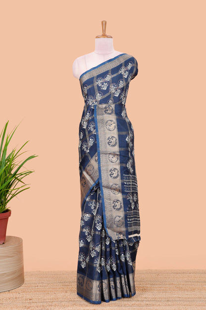 Blue moss chiffon saree with floral checked butta and self border