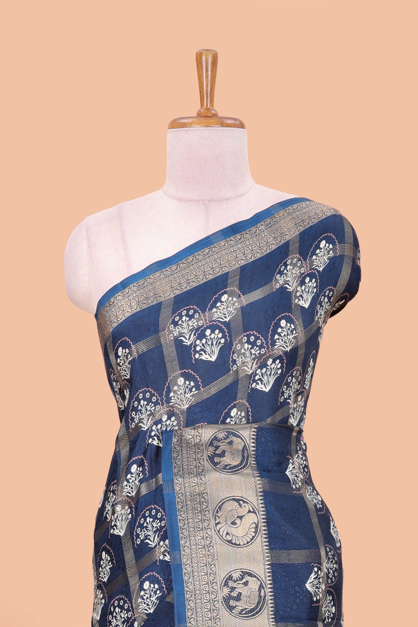 Blue moss chiffon saree with floral checked butta and self border