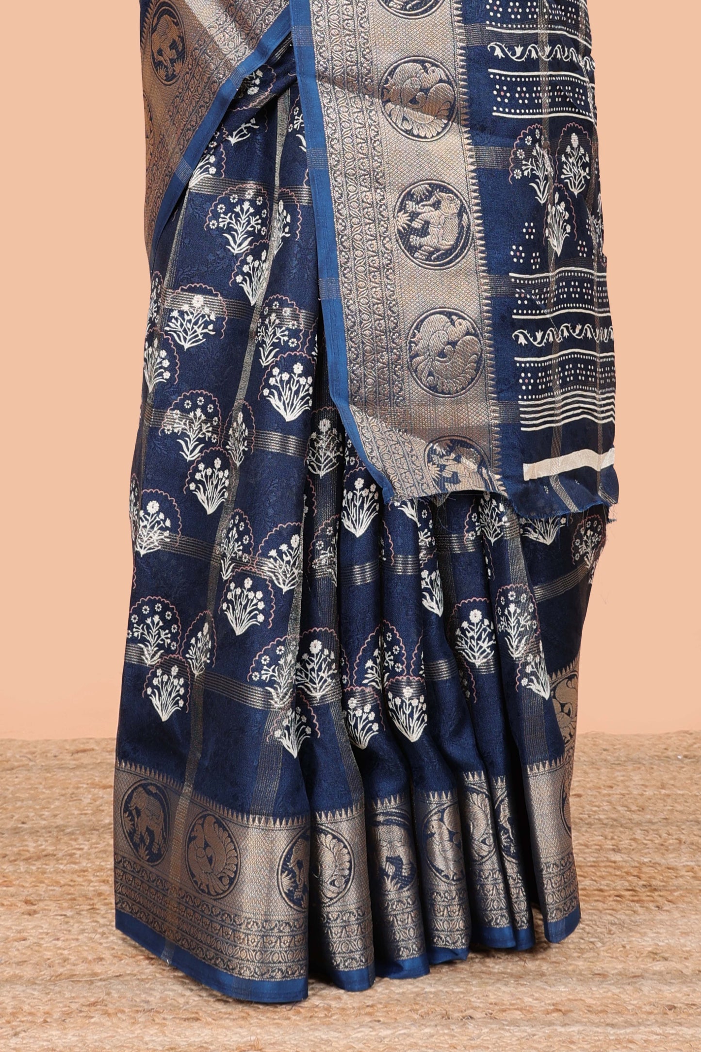 Blue moss chiffon saree with floral checked butta and self border