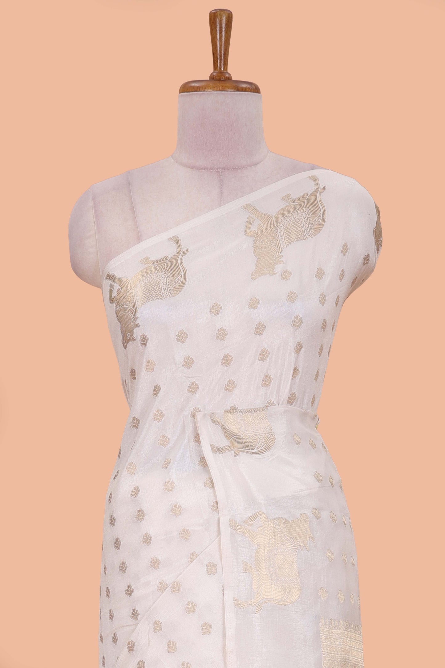 White viscose dola silk saree with zari butta weave, pichwai motif border and contrast blouse