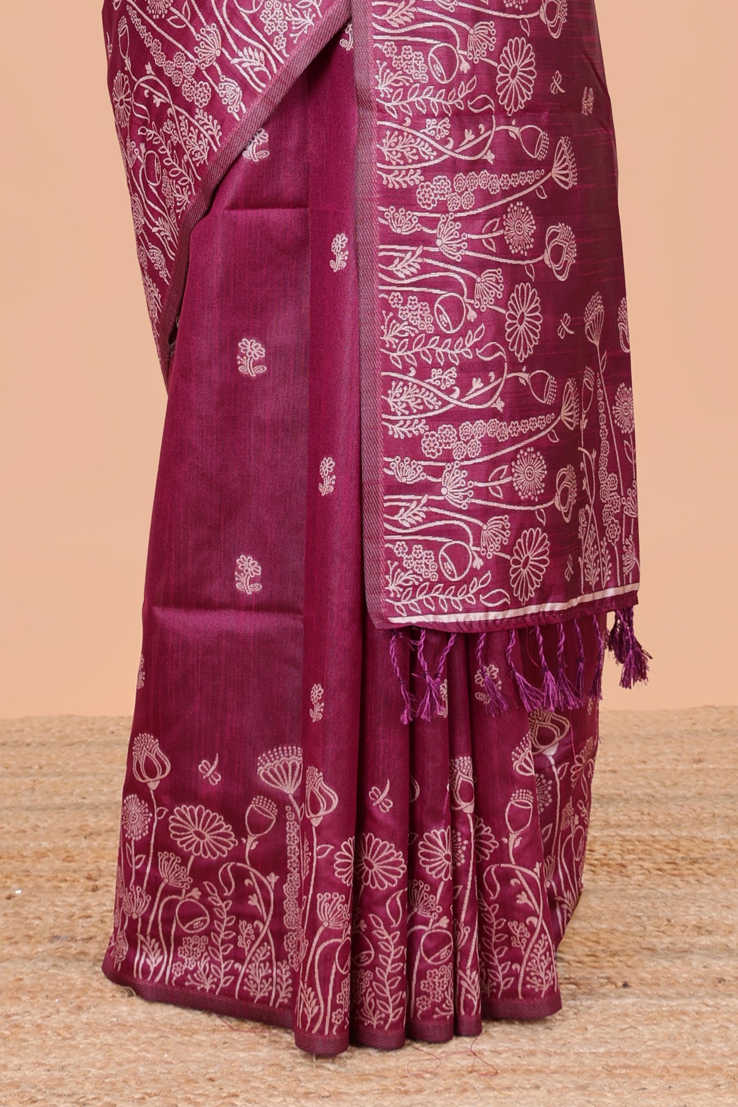 Mejanda munga cotton saree with all-over floral thread weaving & motif border