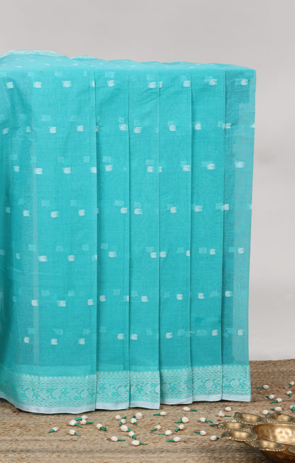 Turquoise green small butta bengal cotton saree with floral zari border and striped pallu