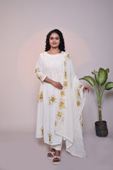 White floral design A line anarkali with self bottom and matching dubatta