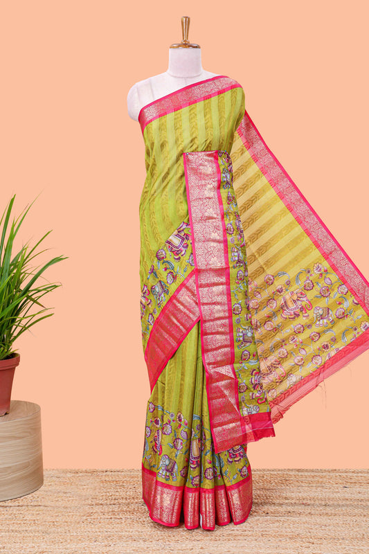 Green striped floral and elephant themed marsh georgette saree with contrast zari border and printed pallu