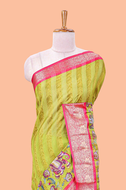 Green striped floral and elephant themed marsh georgette saree with contrast zari border and printed pallu