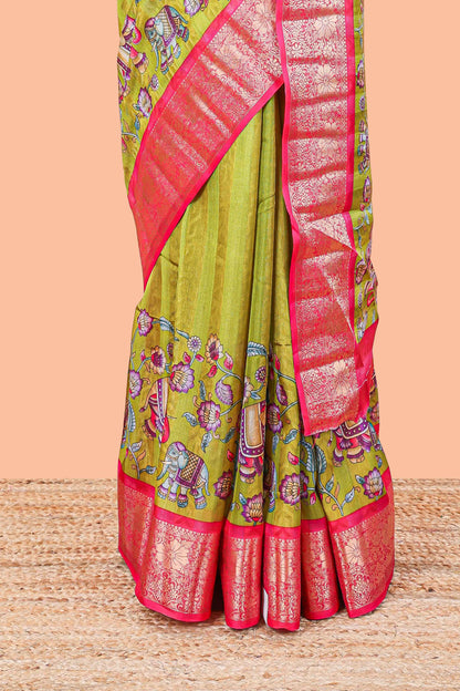 Green striped floral and elephant themed marsh georgette saree with contrast zari border and printed pallu