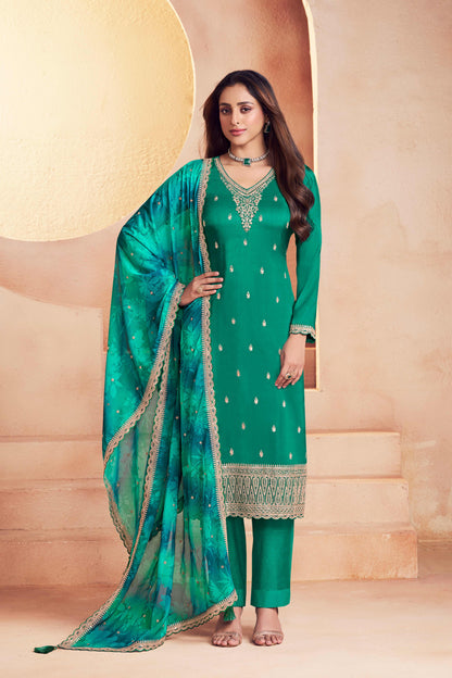 Green moga silk embroidery chudidhar material with chiffon dupatta