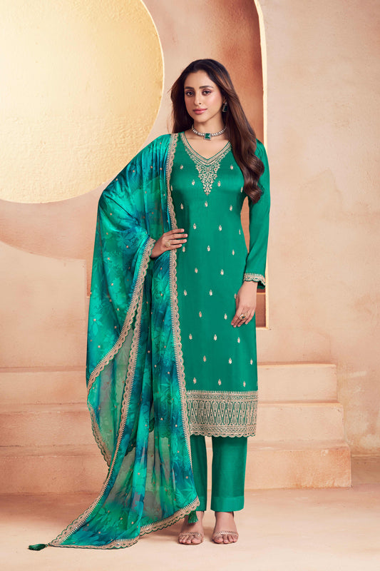 Green moga silk embroidery chudidhar material with chiffon dupatta