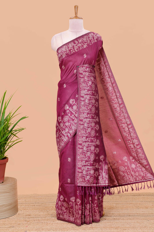 Mejanda munga cotton saree with all-over floral thread weaving & motif border