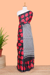 Borderless red south cotton saree with adire batik print and chess board pallu
