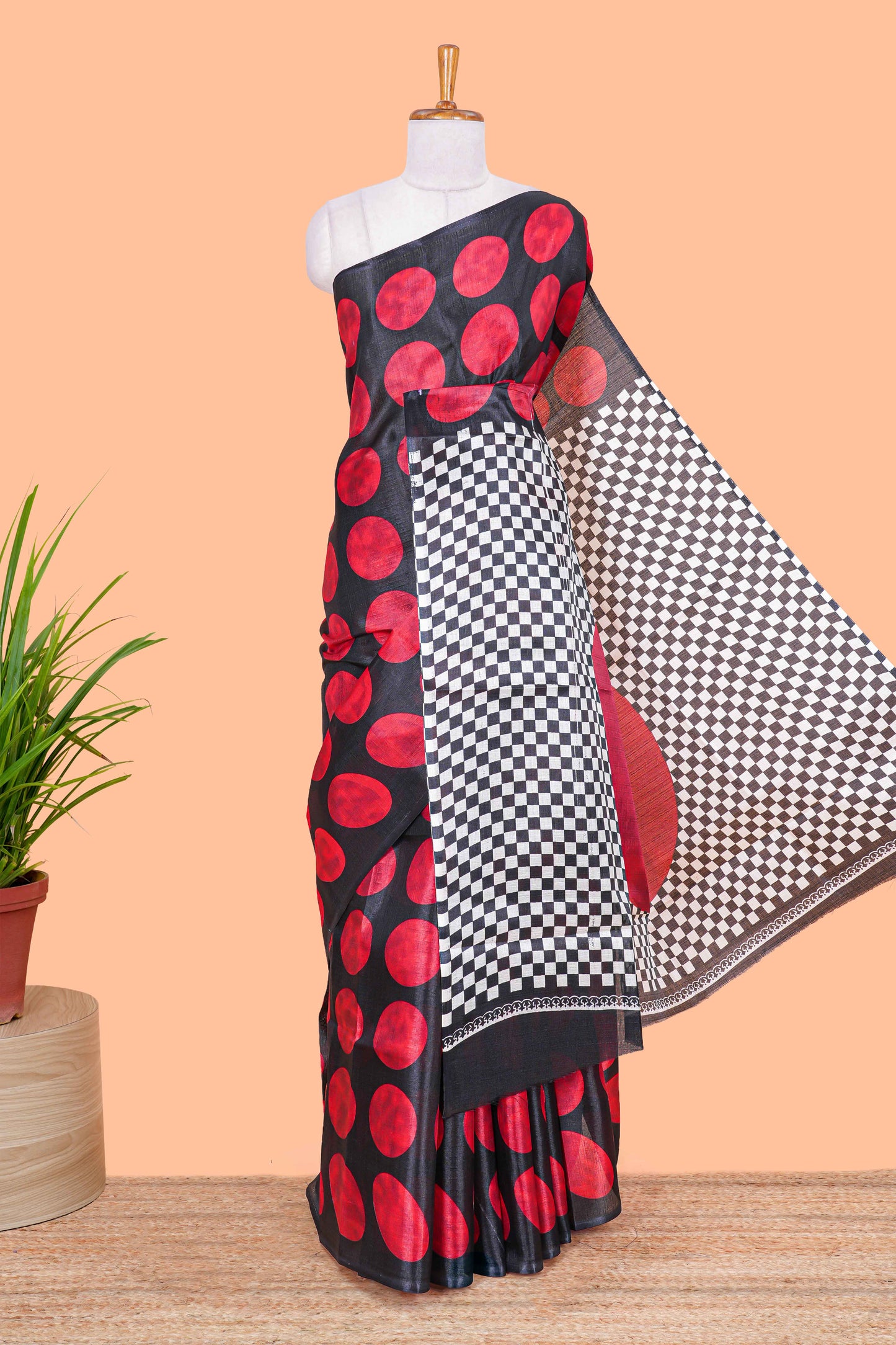 Borderless red khadi cotton saree with adire batik print and chess board pallu