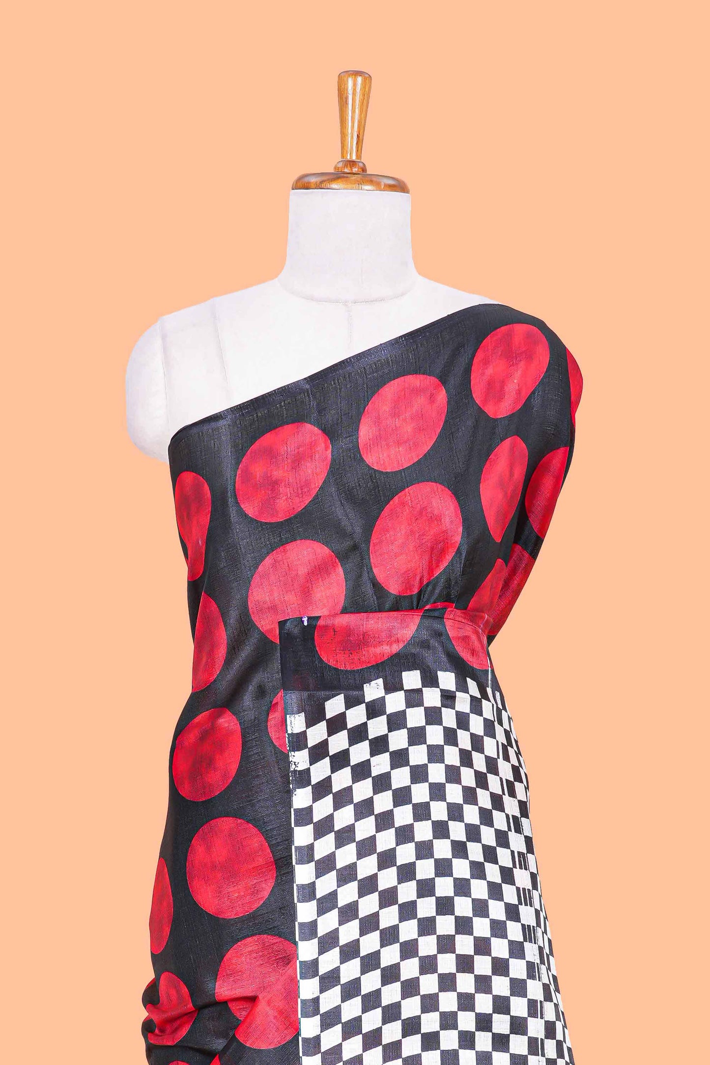 Borderless red khadi cotton saree with adire batik print and chess board pallu