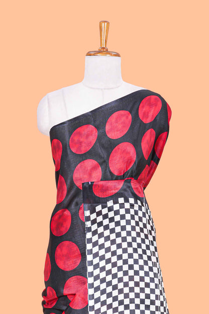 Borderless red khadi cotton saree with adire batik print and chess board pallu