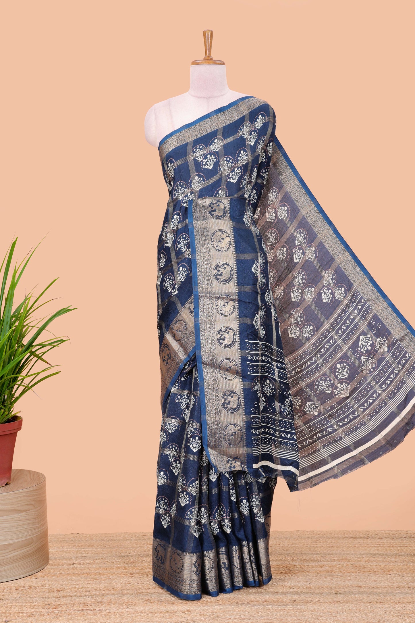 Blue moss chiffon saree with floral checked butta and self border