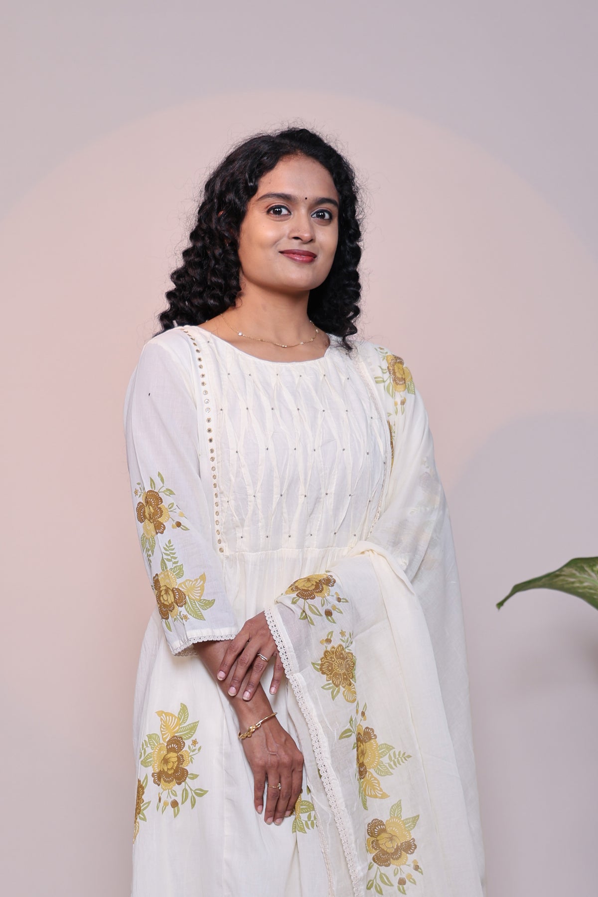 White floral design A line anarkali with self bottom and matching dubatta