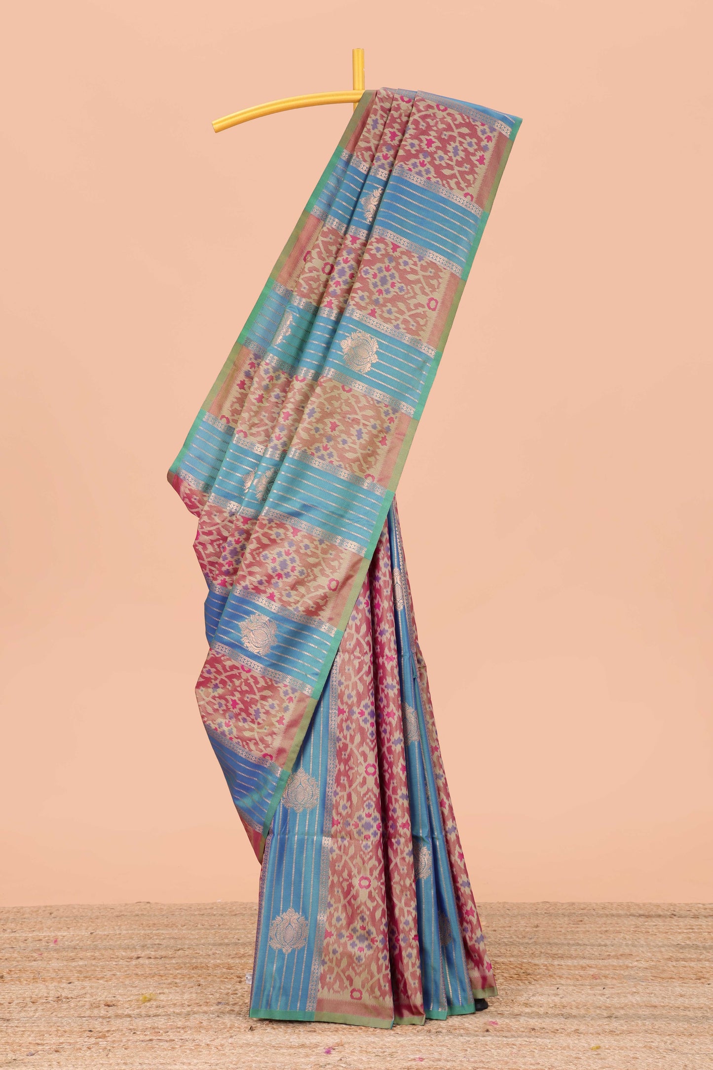 Borderless multi color semi soft silk saree with ikkat style striped zari butta, contrast zari pallu