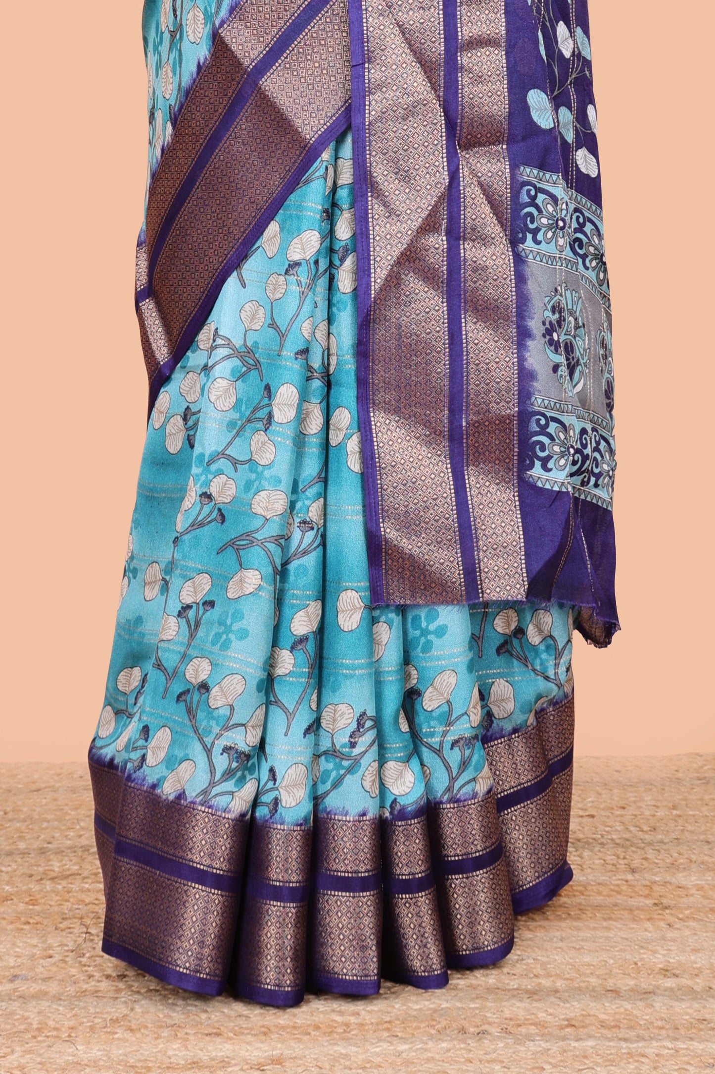 Blue moss chiffon floral printed saree with contrast jacquard border and jari line blouse