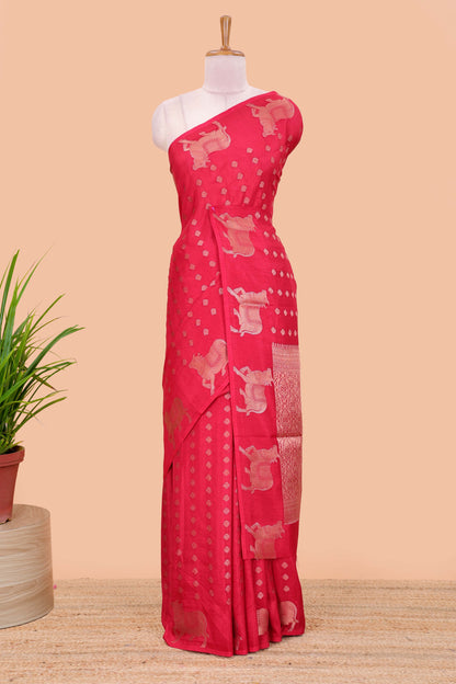Red viscose dola silk saree with zari butta weave, pichwai motif border and contrast blouse
