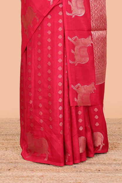 Red viscose dola silk saree with zari butta weave, pichwai motif border and contrast blouse