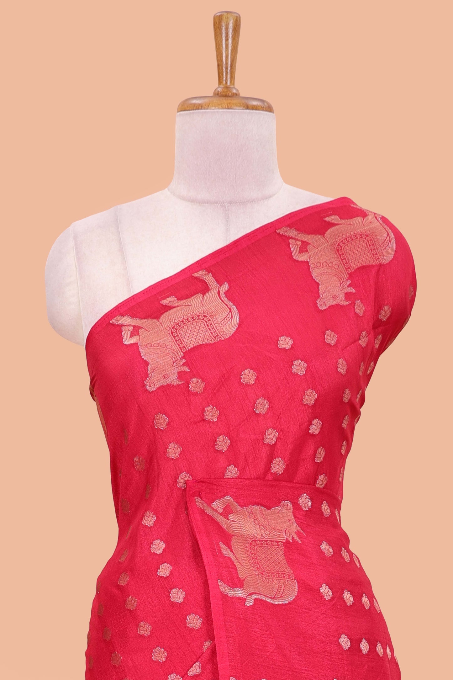 Red viscose dola silk saree with zari butta weave, pichwai motif border and contrast blouse