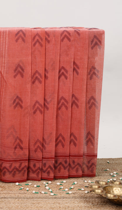 Maroon geometric pattern bengal cotton saree with self border and pallu